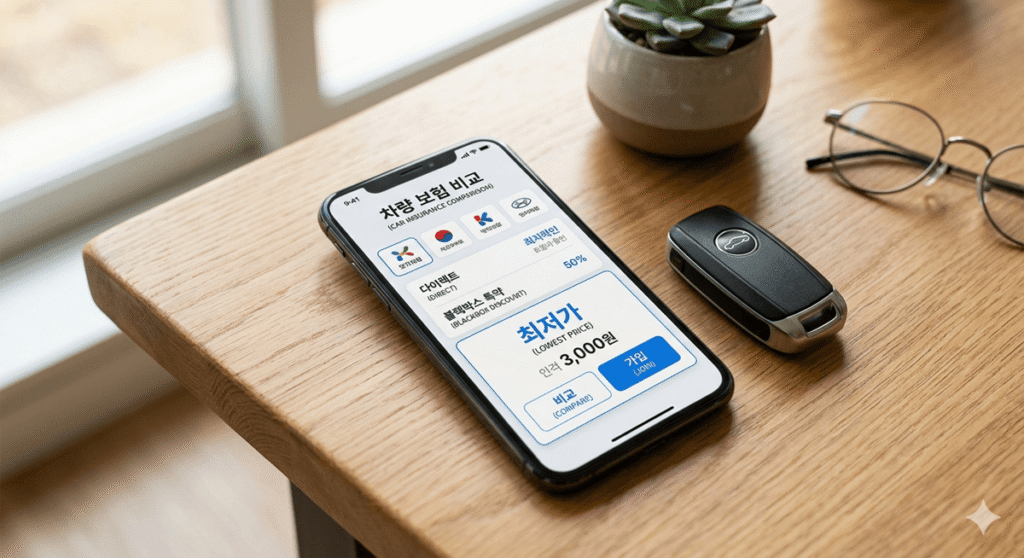 스마트폰 앱을 통한 보험료 비교와 자동차 키를 배치하여 실생활의 유용한 팁을 시각화