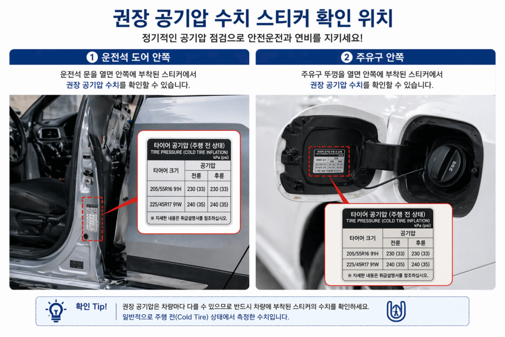 권장 타이어 공기앞 확인이 가능한 부위